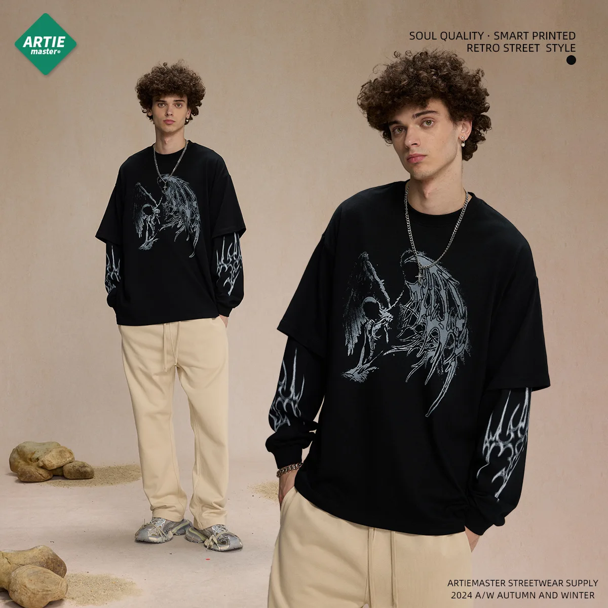 New Street Trend Men's Fake Two Pieces Long-sleeved T-shirt 2025 Spring New Loose Printing O-neck Pullover Top
New Street Trend Men's Fake Two Pieces Long-sleeved T-shirt 2025 Spring New Loose Printing O-neck Pullover Top
