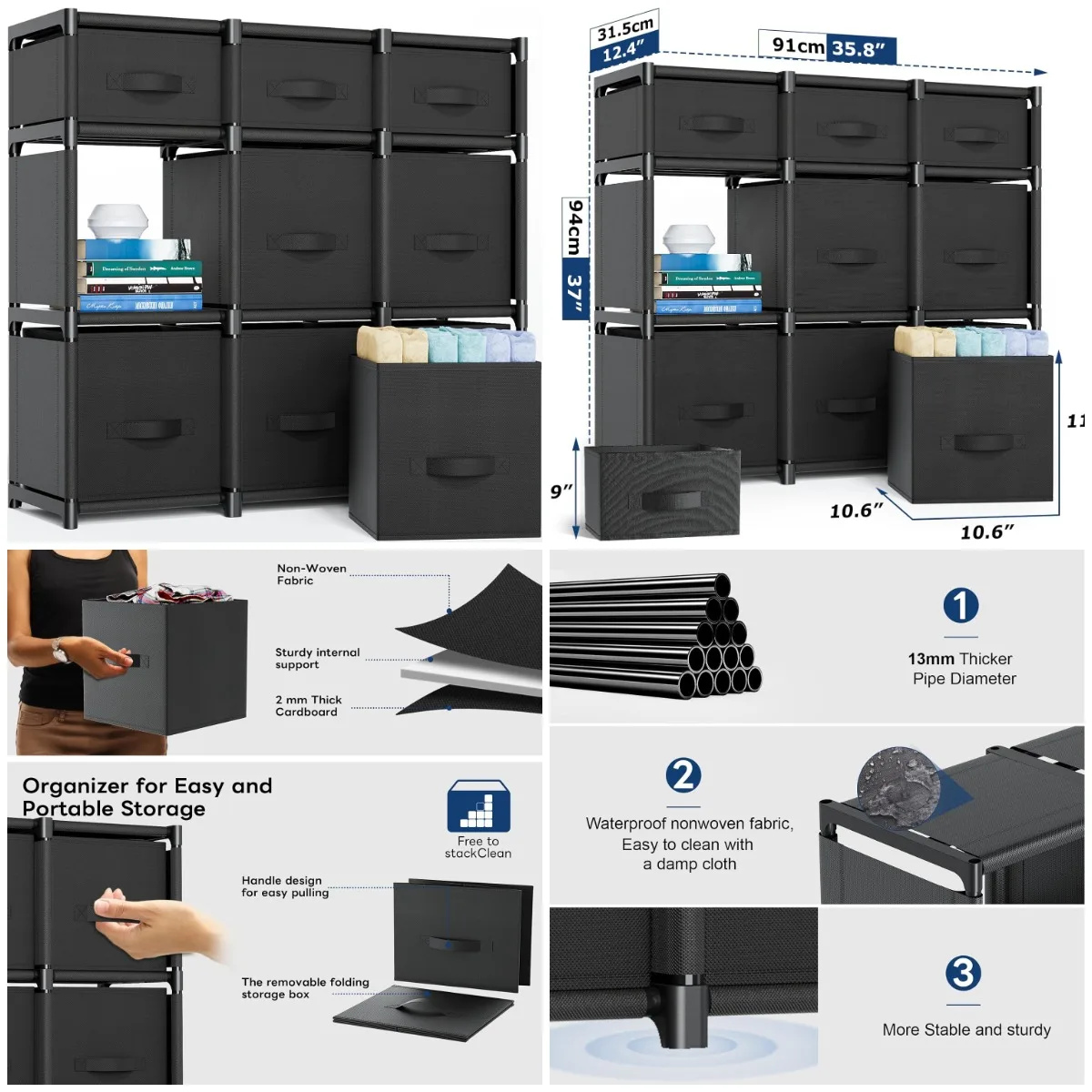 9 Cube Storage Organizer, Closet & Bedroom Shelf with Drawers, Black, Easy Assembly
9 Cube Storage Organizer, Closet & Bedroom Shelf with Drawers, Black, Easy Assembly