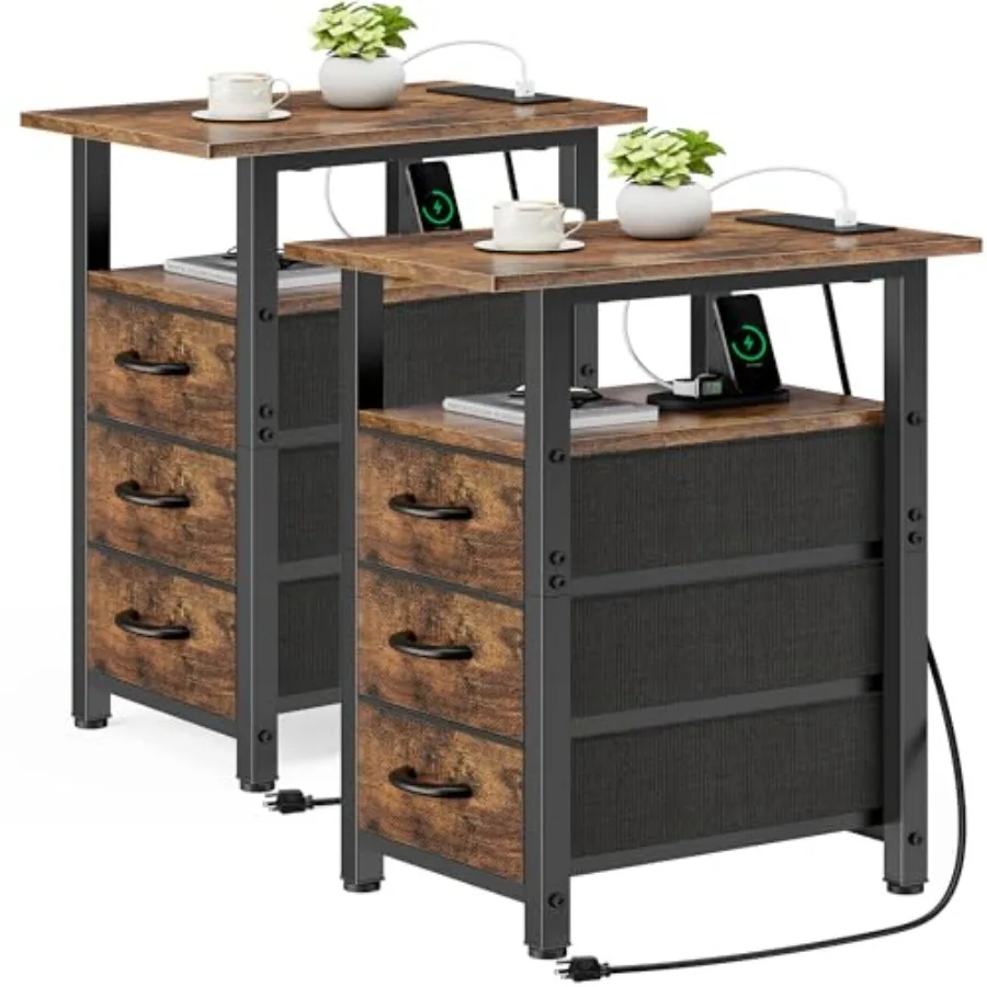 Set of 2 Rustic Brown Narrow Nightstands with Charging Station: USB Ports Outlets 3 Fabric Storage Drawers Small Bedside Tables
Set of 2 Rustic Brown Narrow Nightstands with Charging Station: USB Ports Outlets 3 Fabric Storage Drawers Small Bedside Tables
