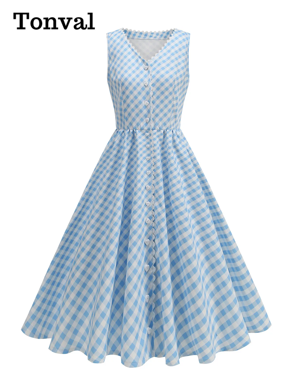 Tonval Lace Trim V-Neck Blue Plaid Vintage Party Flare Dress Women 2025 Sleeveless Summer Single Breasted Pleated Retro Dresses
Tonval Lace Trim V-Neck Blue Plaid Vintage Party Flare Dress Women 2025 Sleeveless Summer Single Breasted Pleated Retro Dresses