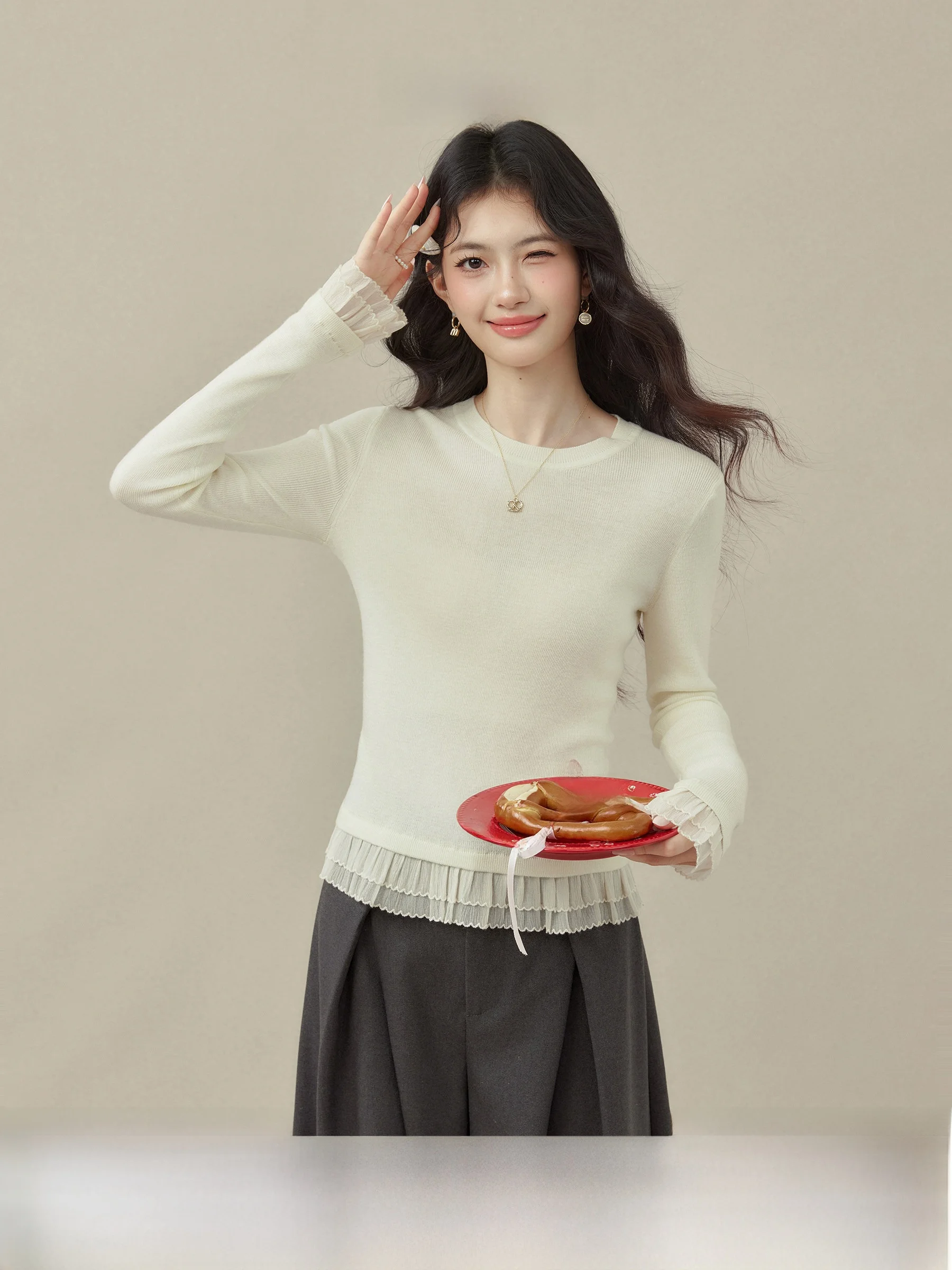 Casual Sle Knitted Base irt for Women Lace Trimmed Inner Wear Light Beige Slim Fit round Ne Long Sve Regular Length
Casual Sle Knitted Base irt for Women Lace Trimmed Inner Wear Light Beige Slim Fit round Ne Long Sve Regular Length