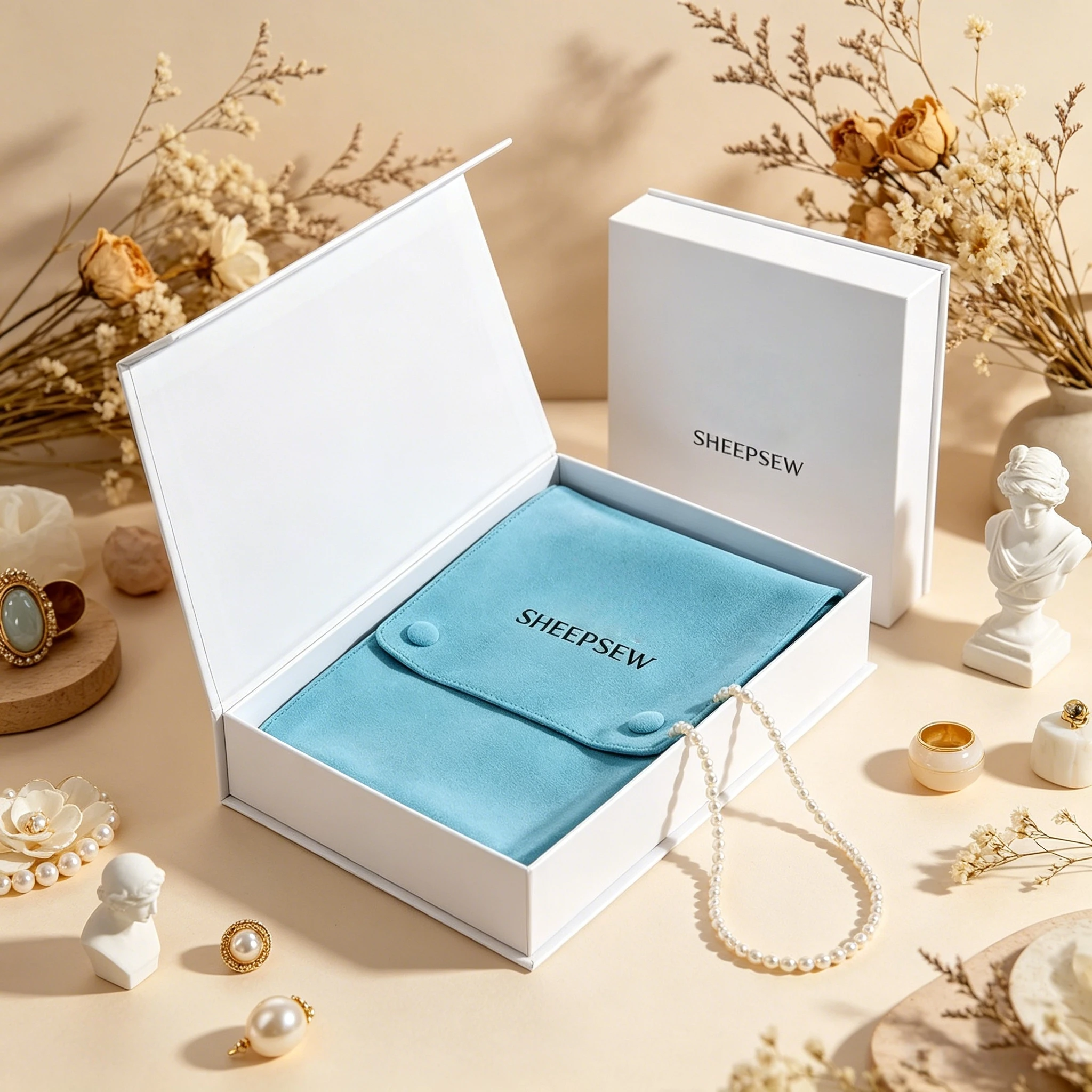 SHEEPSEW Luxury White Magnetic Gift Jewelry Box Folding Paper Box with Suede Bag
SHEEPSEW Luxury White Magnetic Gift Jewelry Box Folding Paper Box with Suede Bag