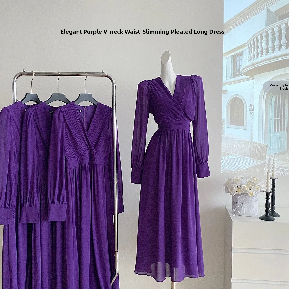 Фиолетовое длинное платье с V-образным вырезом, плиссировкой на талии, юбкой с высокой талией и драпировкой, европейский стиль, из полиэфирного волокна, X-образный силуэт
Фиолетовое длинное платье с V-образным вырезом, плиссировкой на талии, юбкой с высокой талией и драпировкой, европейский стиль, из полиэфирного волокна, X-образный силуэт