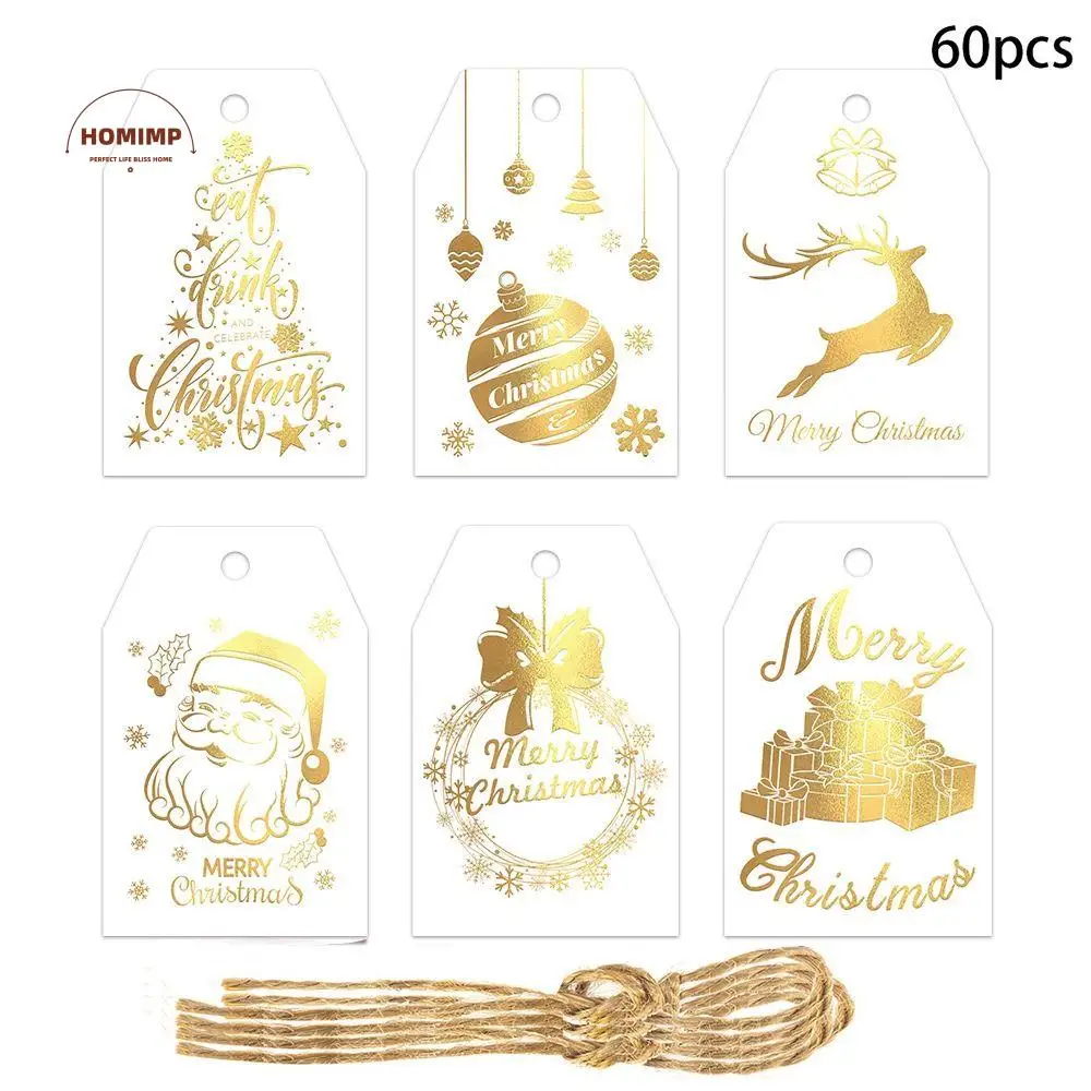 60pcs with Strings Merry Christmas Gift Tags DIY Crafts Santa Claus Paper Cards Labels Printed Hot Stamping Process
60pcs with Strings Merry Christmas Gift Tags DIY Crafts Santa Claus Paper Cards Labels Printed Hot Stamping Process
