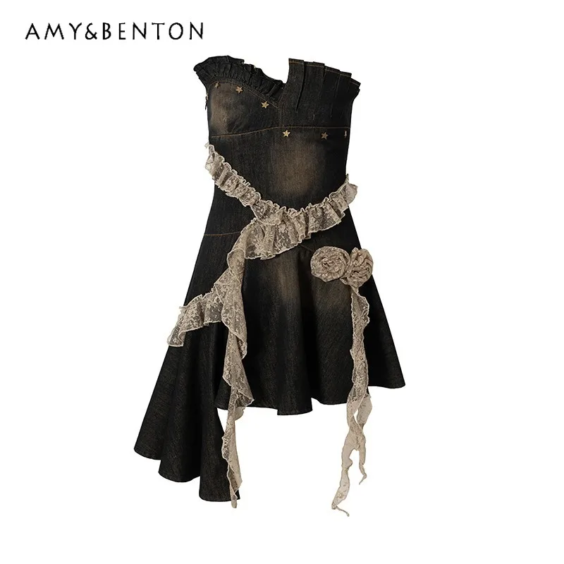 Retro Palace Punk Women's Denim Dress Original Design Autumn New Sweet Cool Sexy Irregular Lace Splicing Tube Top Dresses Ladies 
Retro Palace Punk Women's Denim Dress Original Design Autumn New Sweet Cool Sexy Irregular Lace Splicing Tube Top Dresses Ladies