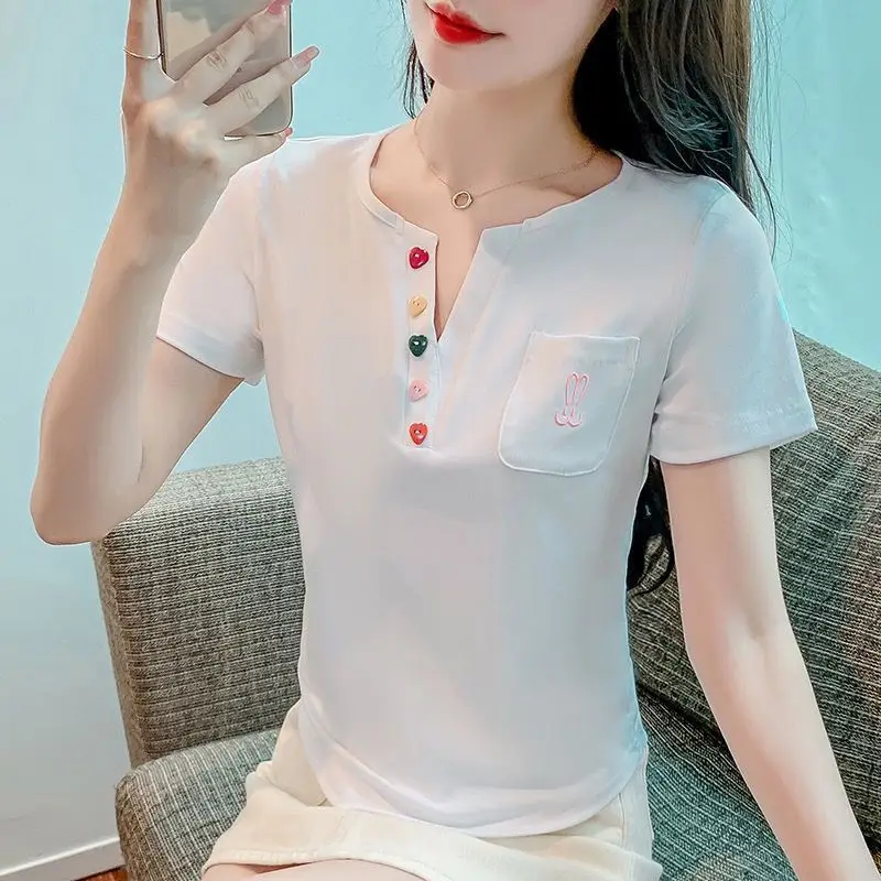 Summer T-shirt 2026 Women Korean Short Sleeve V-neck T Shirt Sweet Girls Casual Tee Top Female Loose Short T-shirt
Summer T-shirt 2026 Women Korean Short Sleeve V-neck T Shirt Sweet Girls Casual Tee Top Female Loose Short T-shirt