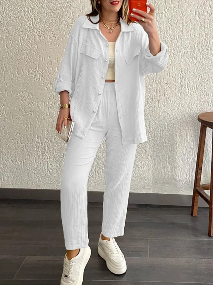 Летняя повседневная одежда для женщин, свободная рубашка с длинным рукавом на пуговицах + укороченные брюки, однотонный комплект из 2 предметов, спортивный женский костюм 
Летняя повседневная одежда для женщин, свободная рубашка с длинным рукавом на пуговицах + укороченные брюки, однотонный комплект из 2 предметов, спортивный женский костюм