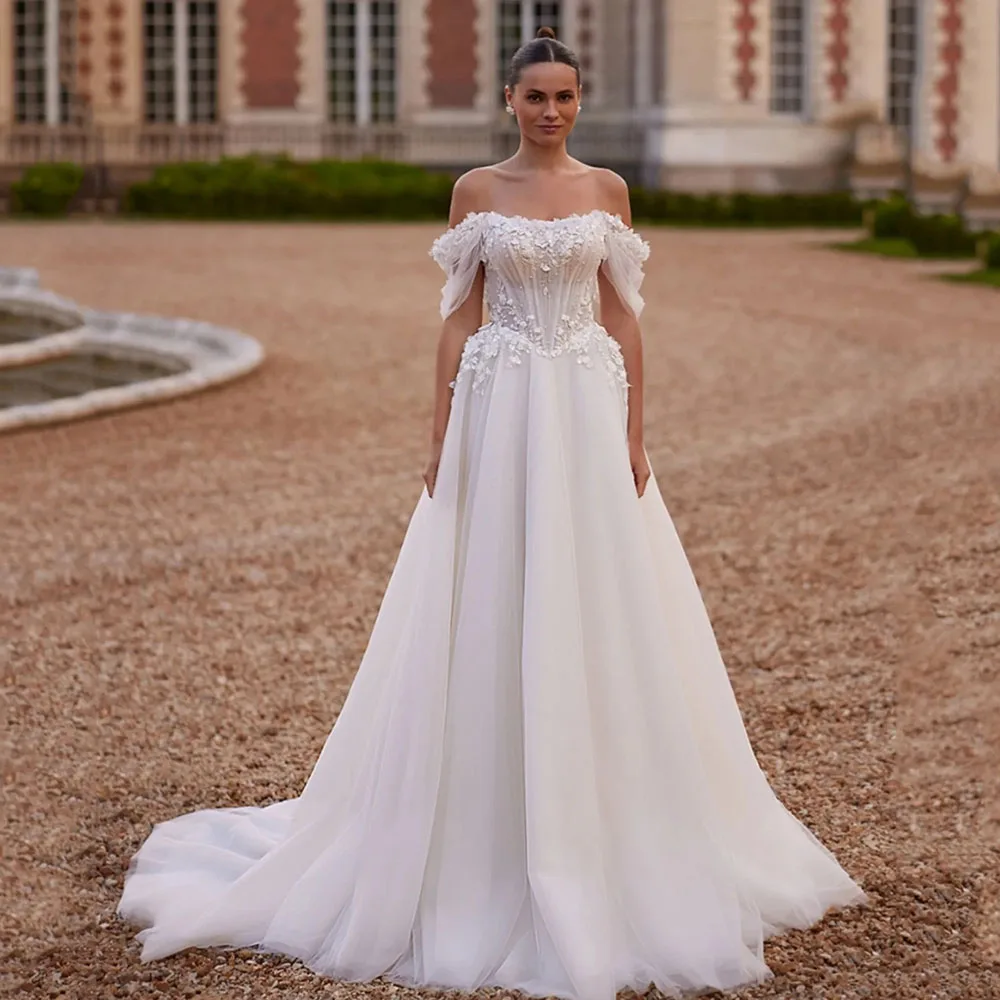 A-line Wedding Dresses Woman Bridal Dress Off Shoulder 3D Flower Lace Appliques Corset Bones Tulle Brides Dress Customized
A-line Wedding Dresses Woman Bridal Dress Off Shoulder 3D Flower Lace Appliques Corset Bones Tulle Brides Dress Customized