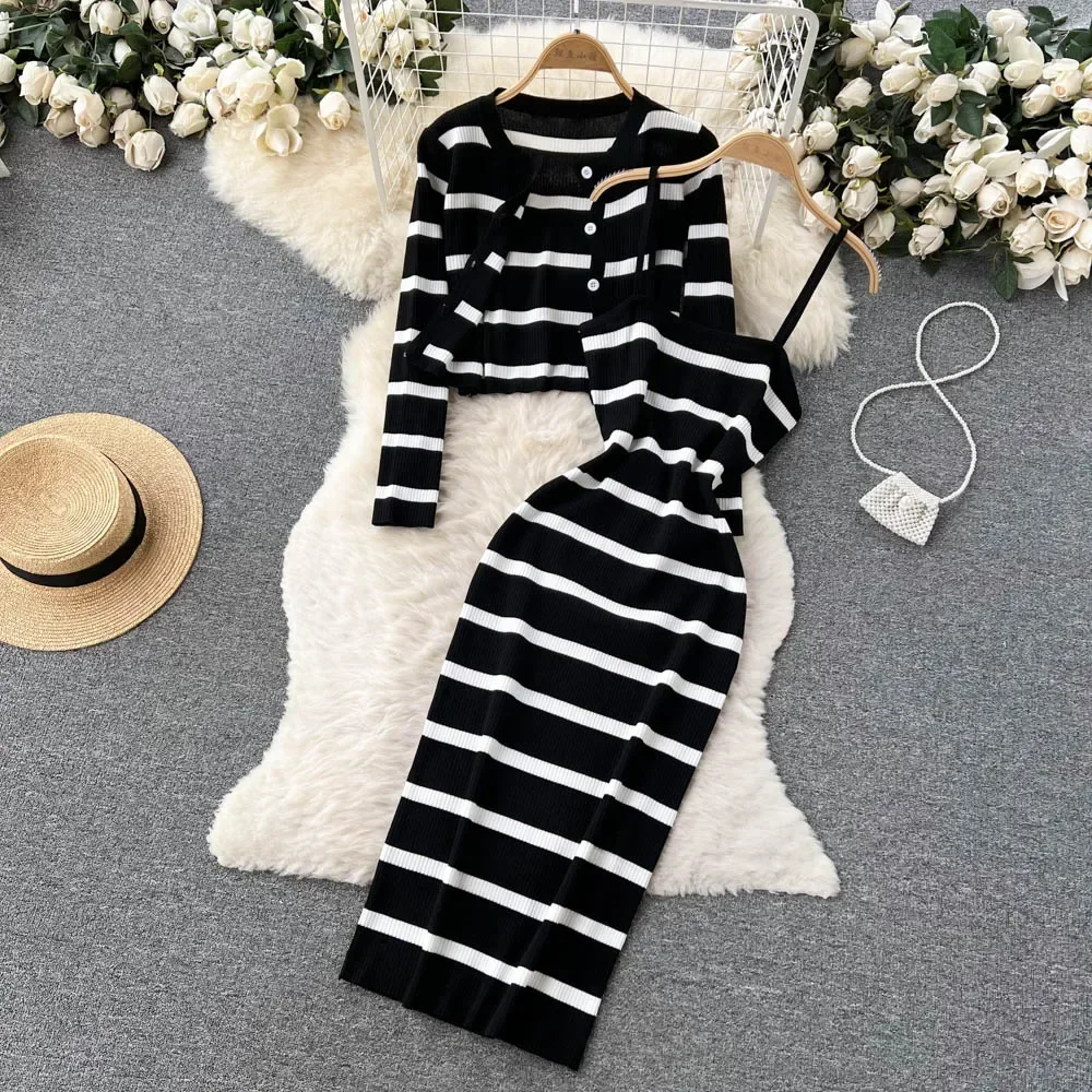 Korean Sweet Hit Color Patchwork Striped Spaghetti Strap Dress and V Neck Long Sleeve Cardigans 2 Pieces Sets Fashion New
Korean Sweet Hit Color Patchwork Striped Spaghetti Strap Dress and V Neck Long Sleeve Cardigans 2 Pieces Sets Fashion New