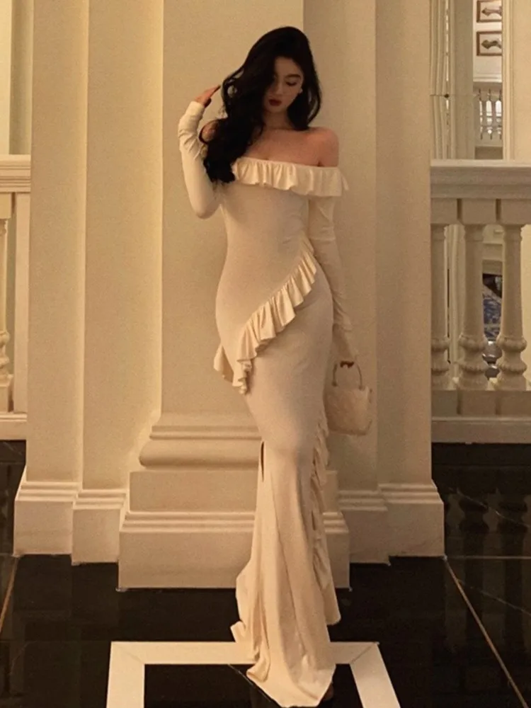Sexy Bodycon Ruffles Midi Dresses for Women Solid Slim Off Shoulder Evening Party Bandage Dress Female Split Mermaid Prom Robe
Sexy Bodycon Ruffles Midi Dresses for Women Solid Slim Off Shoulder Evening Party Bandage Dress Female Split Mermaid Prom Robe
