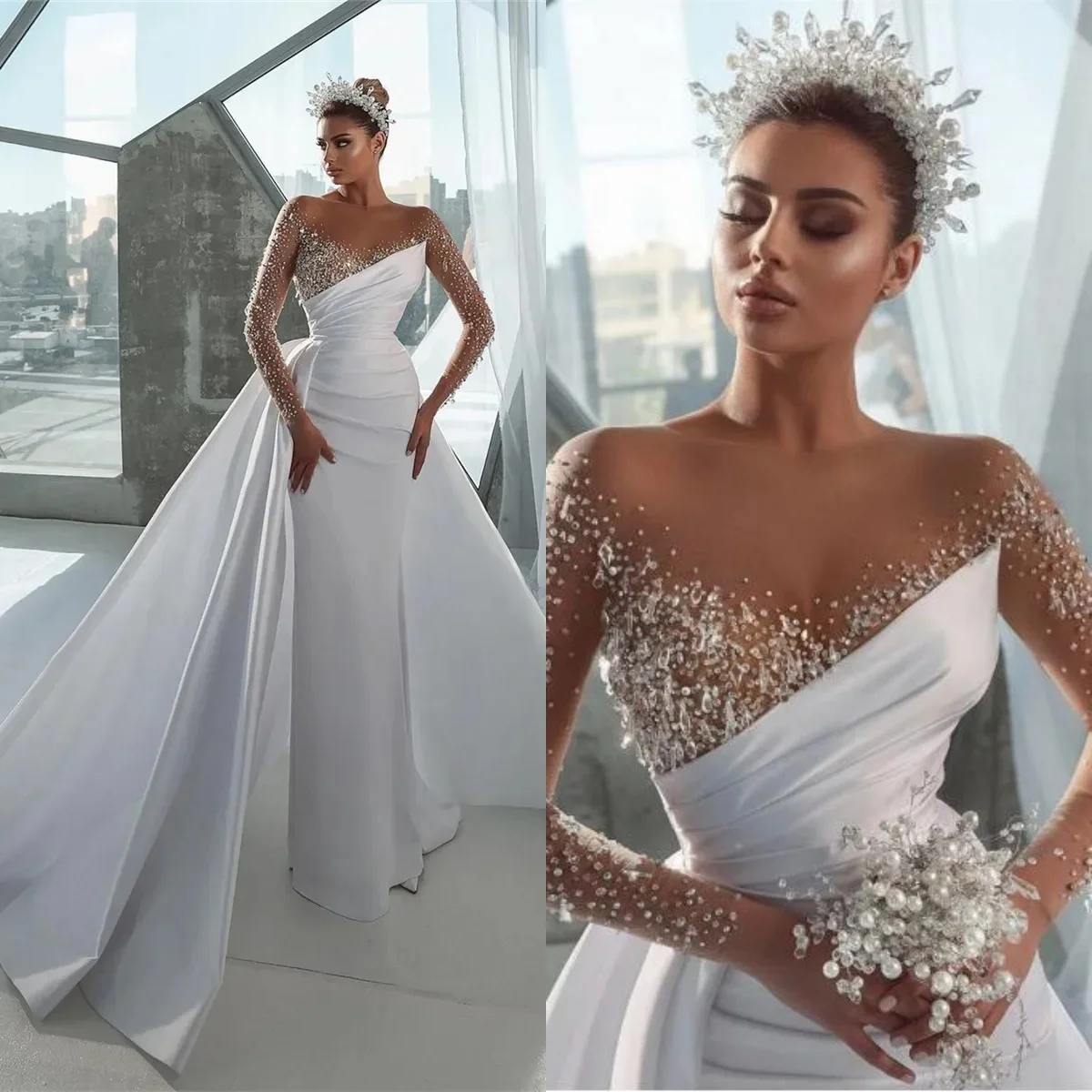 Luxury Mermaid Wedding Dress Beaded Crystal Lace O Neck Bride Gowns Long Sleeve Detachable Sweep Train Bridal Dresses Customized
Luxury Mermaid Wedding Dress Beaded Crystal Lace O Neck Bride Gowns Long Sleeve Detachable Sweep Train Bridal Dresses Customized