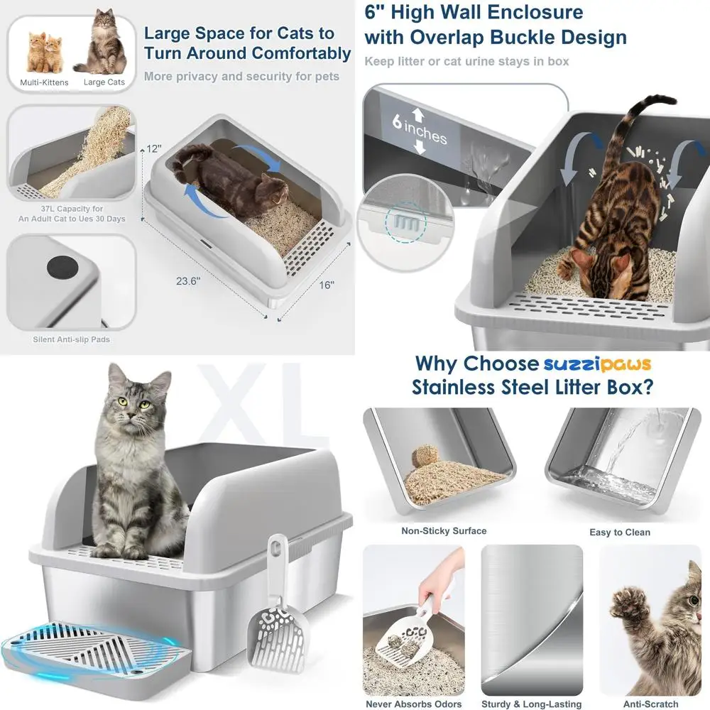Extra Large Stainless Steel Litter Box with Lid for Large Cats - XL Metal Pan with High Walls, Non-Stick, Leak-Proof, Easy to Cl
Extra Large Stainless Steel Litter Box with Lid for Large Cats - XL Metal Pan with High Walls, Non-Stick, Leak-Proof, Easy to Cl