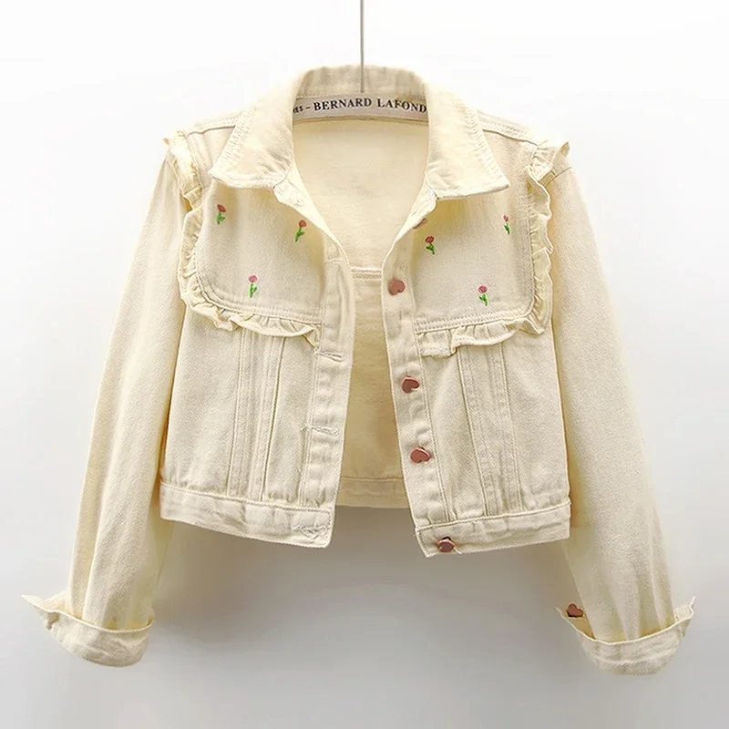 Fashion Ruffles Embroidery Flower Denim Jacket Women Cowboy Outerwear Spring Autumn Korean Loose Short Jeans Jacket Coat Female
Fashion Ruffles Embroidery Flower Denim Jacket Women Cowboy Outerwear Spring Autumn Korean Loose Short Jeans Jacket Coat Female