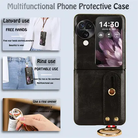 For OPPO Find N3 Flip Case Luxury Leather Cover Wristband Hand Strap Kickstand Metal Ring For OPPO Find N 3 Flip Phone Case