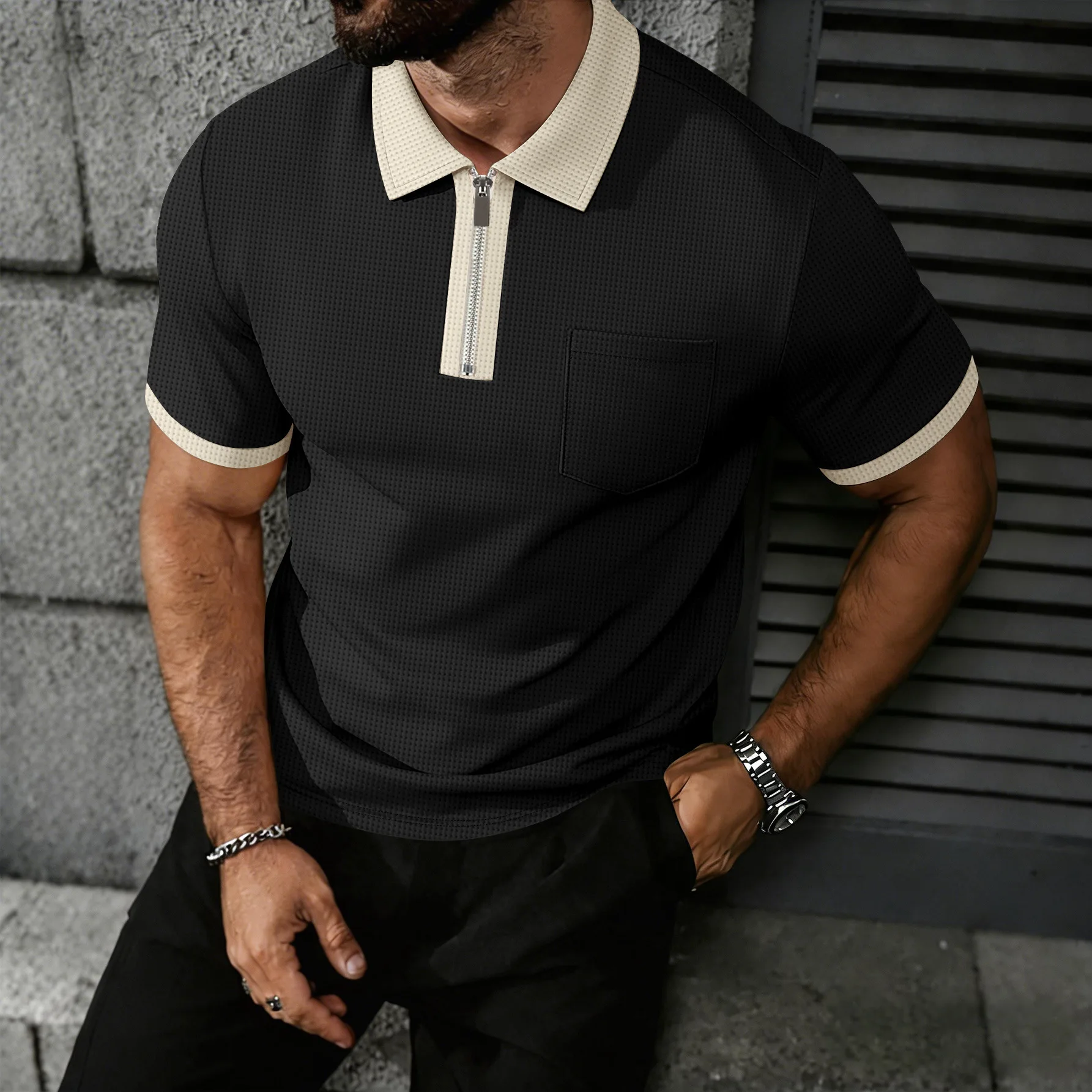 New Men's Waffle Knit Polo Shirt Contrast Color Zipper V Neck Short Sleeve T Shirt Casual Slim Fit Pocket Tee Summer Tops Stree
New Men's Waffle Knit Polo Shirt Contrast Color Zipper V Neck Short Sleeve T Shirt Casual Slim Fit Pocket Tee Summer Tops Stree