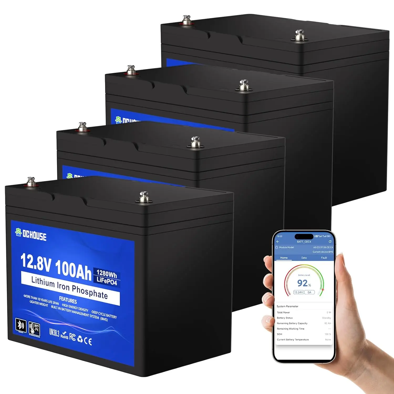 12V 100Ah LiFePO4 Battery 4Pack 5.12kWh 100A BMS Bluetooth Low Temp Cut-Off Deep Cycle 15000 RV Trolling Motor Customized
12V 100Ah LiFePO4 Battery 4Pack 5.12kWh 100A BMS Bluetooth Low Temp Cut-Off Deep Cycle 15000 RV Trolling Motor Customized