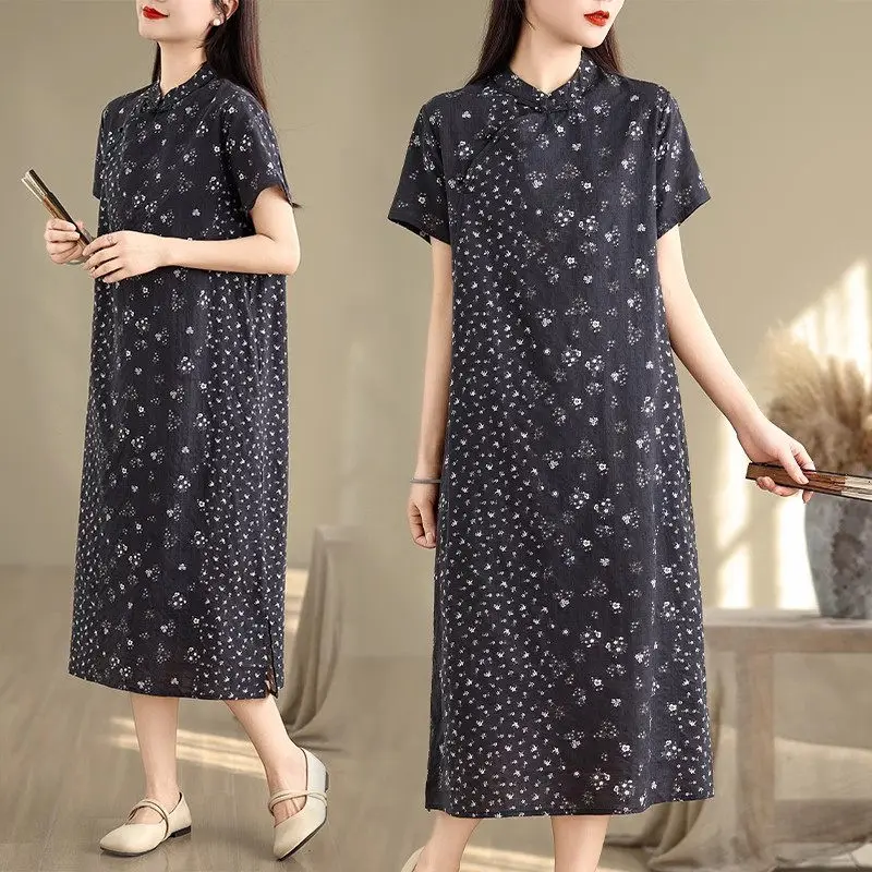 Китайское платье Cheongsam Qipao из льна и хлопка с цветочным принтом, свободное и утягивающее летнее платье в этническом стиле с пряжкой, темный цвет G796
Китайское платье Cheongsam Qipao из льна и хлопка с цветочным принтом, свободное и утягивающее летнее платье в этническом стиле с пряжкой, темный цвет G796