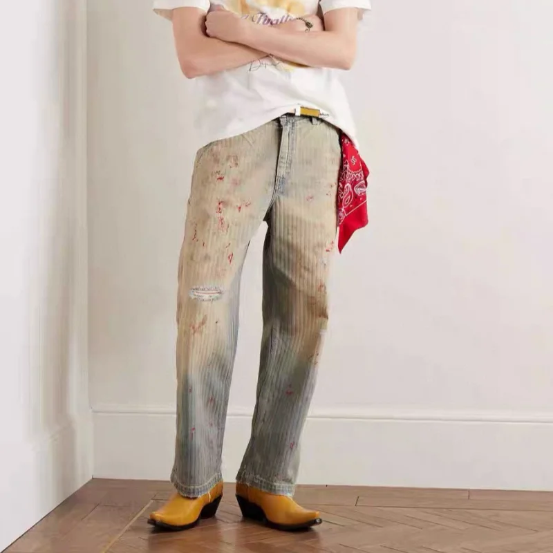 Trendy Distressed Denim Jeans Wood Cutting Bloodstain Fading Casual Cotton Pants Men's Autumn Loose Fit Trousers
Trendy Distressed Denim Jeans Wood Cutting Bloodstain Fading Casual Cotton Pants Men's Autumn Loose Fit Trousers
