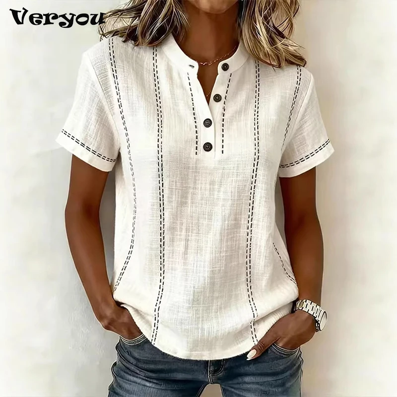 Elegant Women Blouse Shirt V Neck Button Patchwork Short Sleeve Shirts For Women Summer Striped Loose Tee Women Casual T-shirts
Elegant Women Blouse Shirt V Neck Button Patchwork Short Sleeve Shirts For Women Summer Striped Loose Tee Women Casual T-shirts