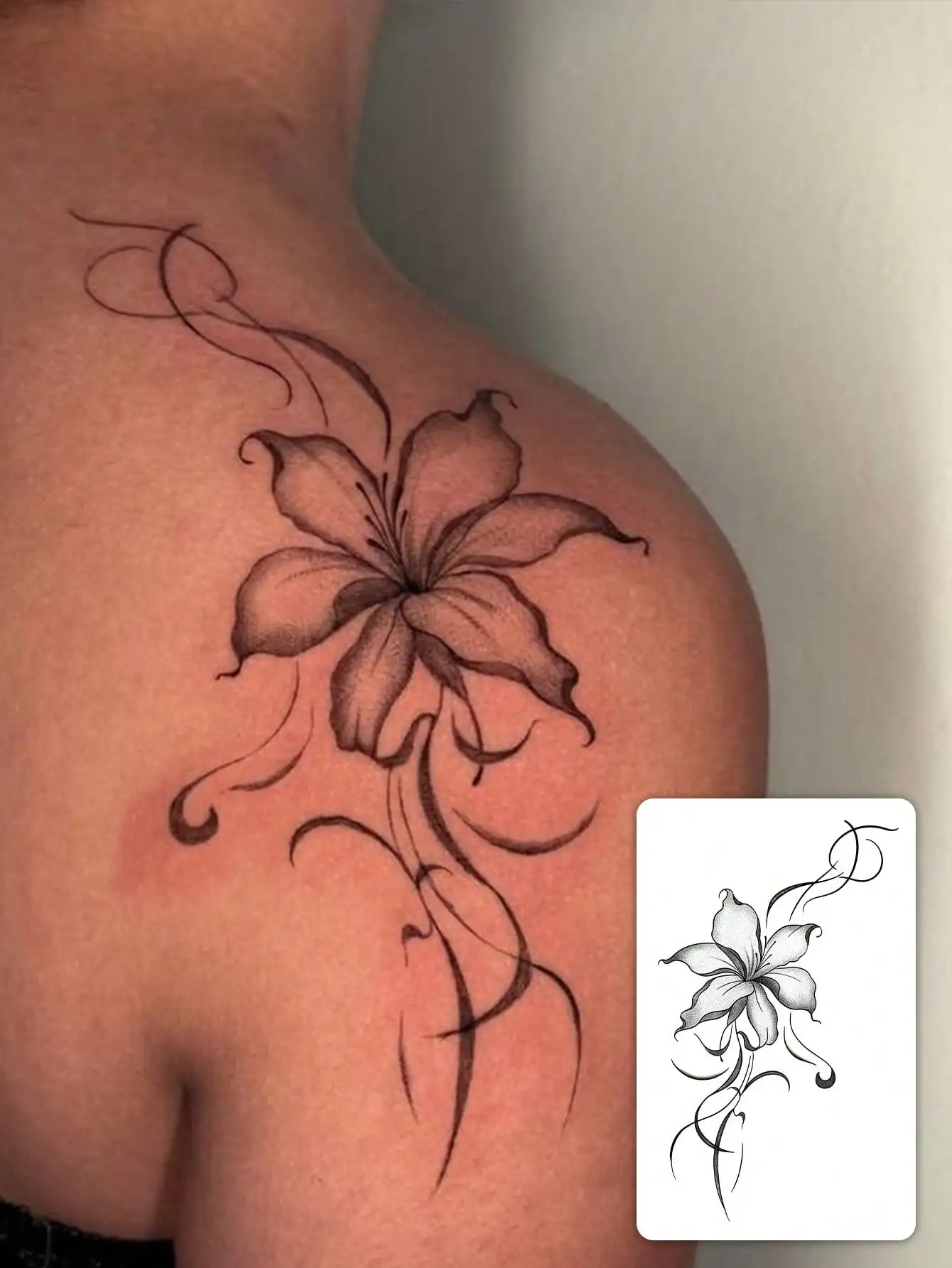1pc Fashionable Waterproof Realistic Lily Flower Temporary Tattoo Sticker, Floral Vine Shoulder Back Tattoo Decal, Suitable For People,Spine Tattoo,Sketch Style
1pc Fashionable Waterproof Realistic Lily Flower Temporary Tattoo Sticker, Floral Vine Shoulder Back Tattoo Decal, Suitable For People,Spine Tattoo,Sketch Style