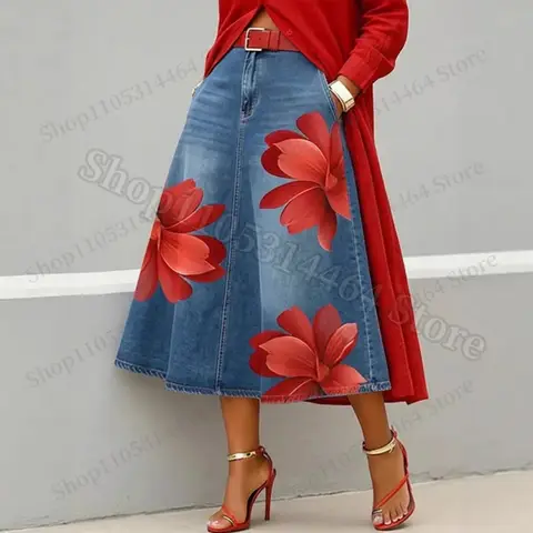 Streetwear Women's Red Floral Print Denim Midi Skirt High Waist A-Line Casual Swing Skirt Trendy Plus Size Flared Jean Skirt