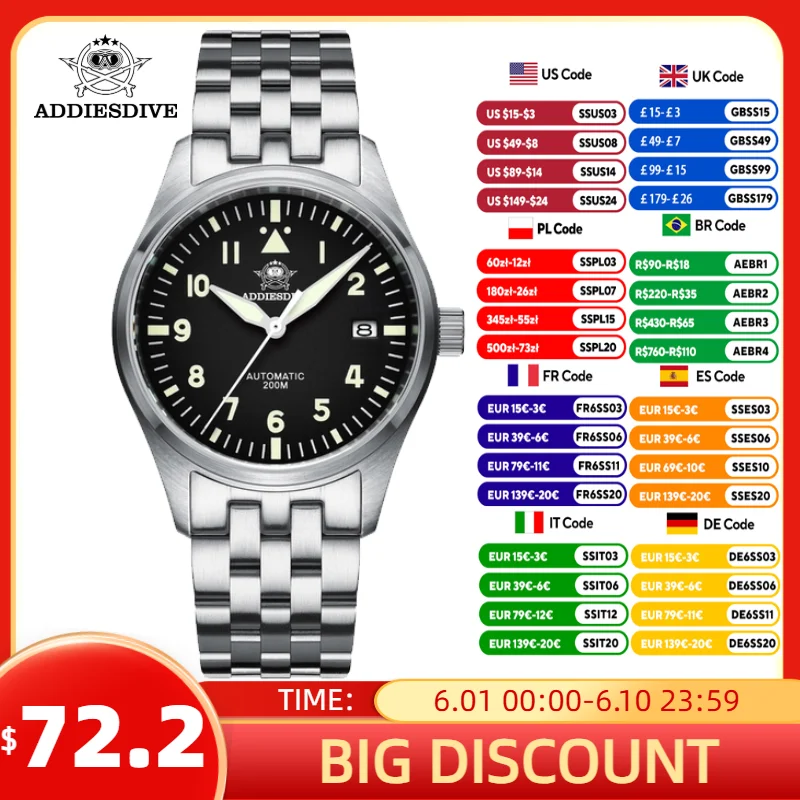 ADDIESDIVE Men's watch Sapphire 8215 Automatic 316L Stainless Steel 39mm Mechanical Wristwatch Luminous 200m Diving Watch New
ADDIESDIVE Men's watch Sapphire 8215 Automatic 316L Stainless Steel 39mm Mechanical Wristwatch Luminous 200m Diving Watch New