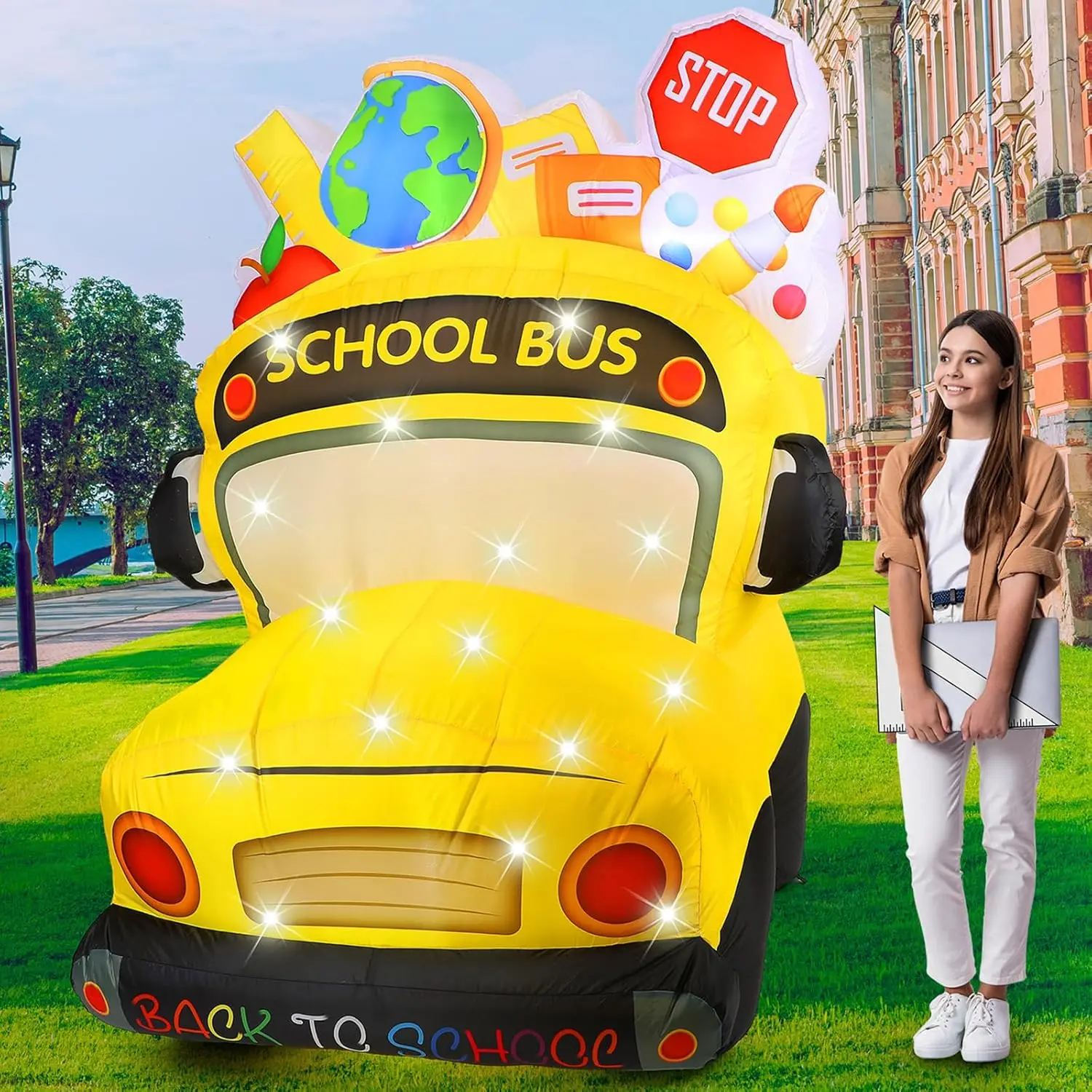 Back to School Inflatable School Bus Decoration 5.4 Ft - Blow Up Yard Decor with Built-in LED Lights for First Day of School Party, Outdoor Garden Lawn Holiday
Back to School Inflatable School Bus Decoration 5.4 Ft - Blow Up Yard Decor with Built-in LED Lights for First Day of School Party, Outdoor Garden Lawn Holiday