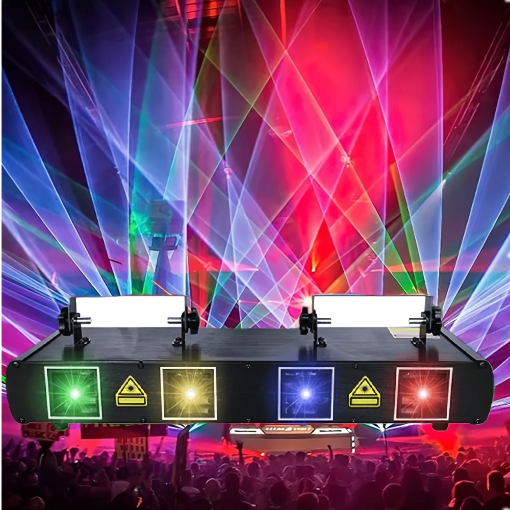 Party DJ lights, disco lights with 4 beams, DMX and sound control, strobe projection lights, stage lighting, atmosphere lights
Party DJ lights, disco lights with 4 beams, DMX and sound control, strobe projection lights, stage lighting, atmosphere lights
