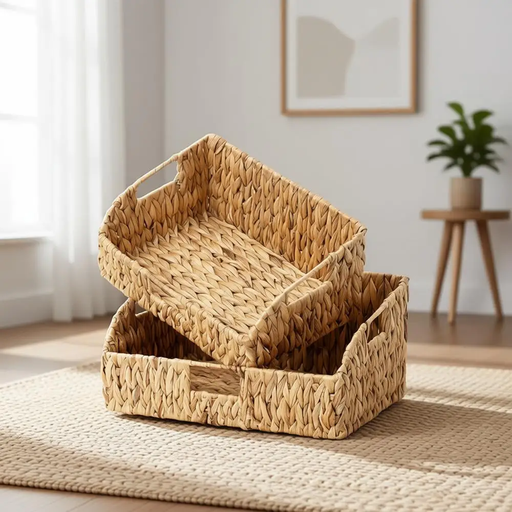 Двухразмерные корзины для хранения из водяного гиацинта со встроенными ручками для организации пространства
Двухразмерные корзины для хранения из водяного гиацинта со встроенными ручками для организации пространства