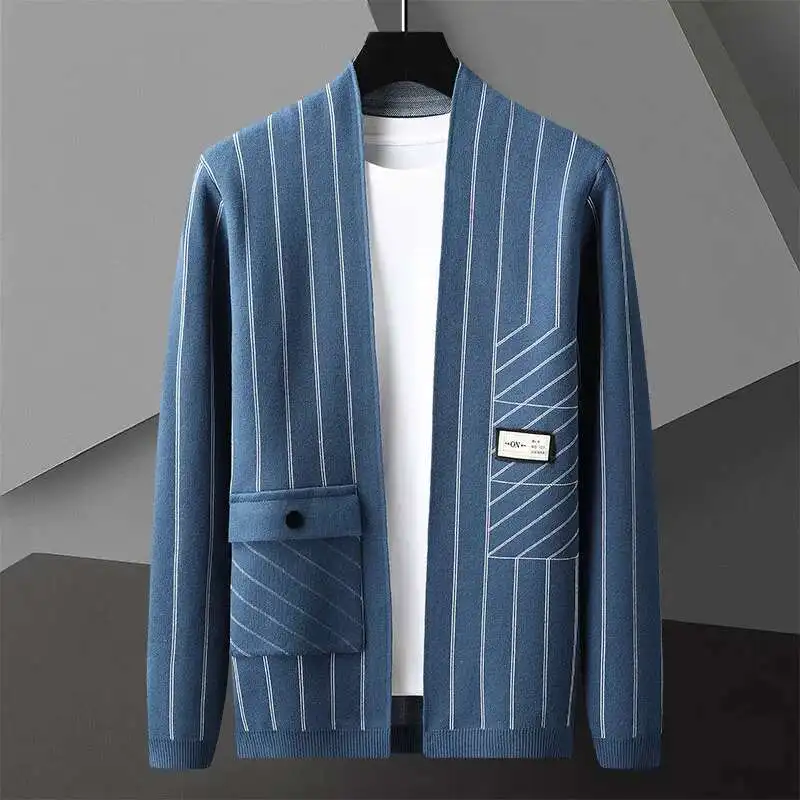 Korean Sweater Coat Designer Knit Cardigan Jacket Sweater Fall Khaki Striped Contrast Patchwork Printing Cardigan Men Sweter
Korean Sweater Coat Designer Knit Cardigan Jacket Sweater Fall Khaki Striped Contrast Patchwork Printing Cardigan Men Sweter