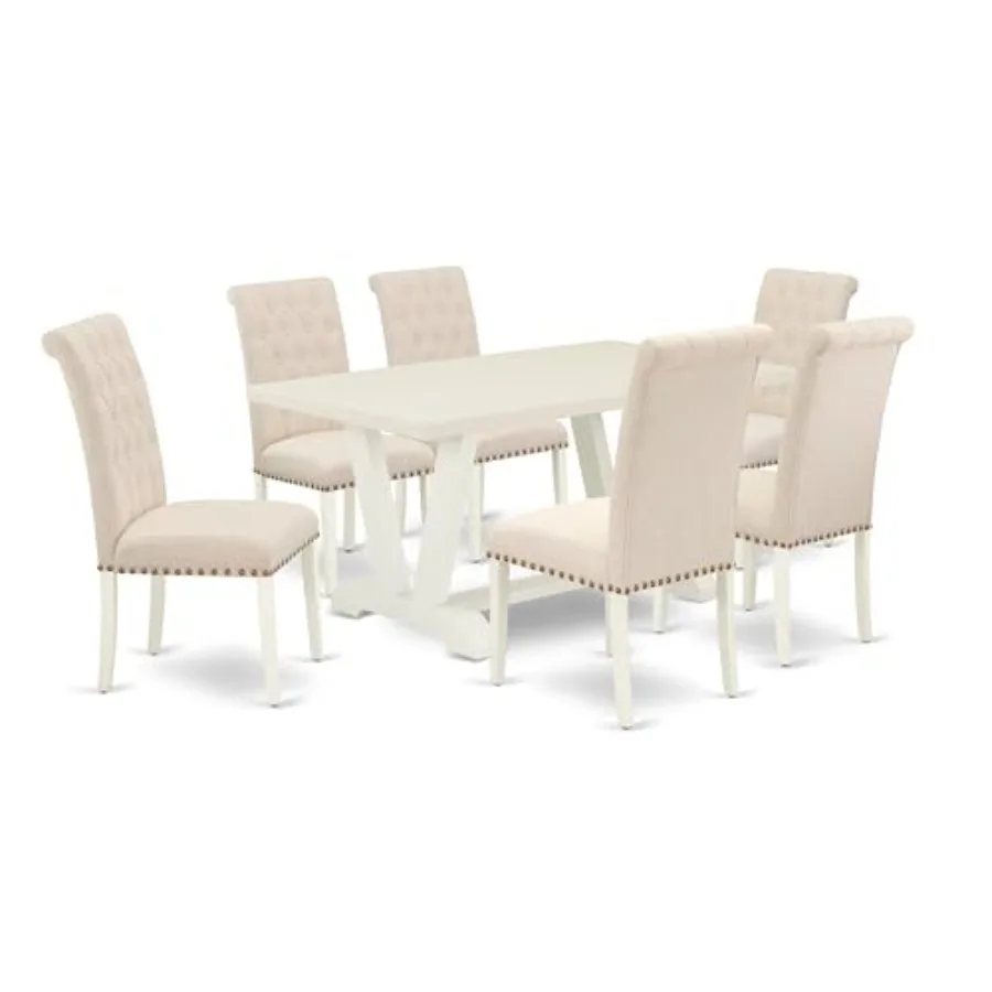 V026BR202-7 7 Piece Dining Set Consist of a Rectangle Dining Room Table with V-Legs and 6 Light Beige Linen Fabric Upholstered
V026BR202-7 7 Piece Dining Set Consist of a Rectangle Dining Room Table with V-Legs and 6 Light Beige Linen Fabric Upholstered