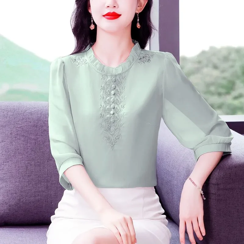 Women's Ruffle Neck Embroidered Chiffon Blouse 3/4 Sleeve Elegant Casual Top
Women's Ruffle Neck Embroidered Chiffon Blouse 3/4 Sleeve Elegant Casual Top