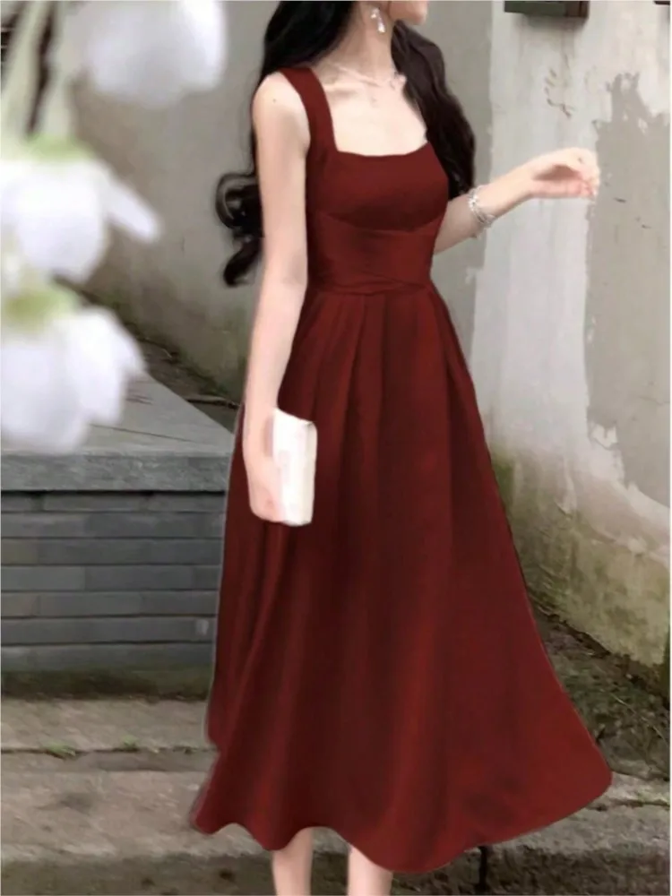 Women's Elegant Midi Red Dresses Sleeveless Wedding Evening Party Dress Solid Slim A-line Vintage Chic Prom Robe Vestidos Mujer 
Women's Elegant Midi Red Dresses Sleeveless Wedding Evening Party Dress Solid Slim A-line Vintage Chic Prom Robe Vestidos Mujer