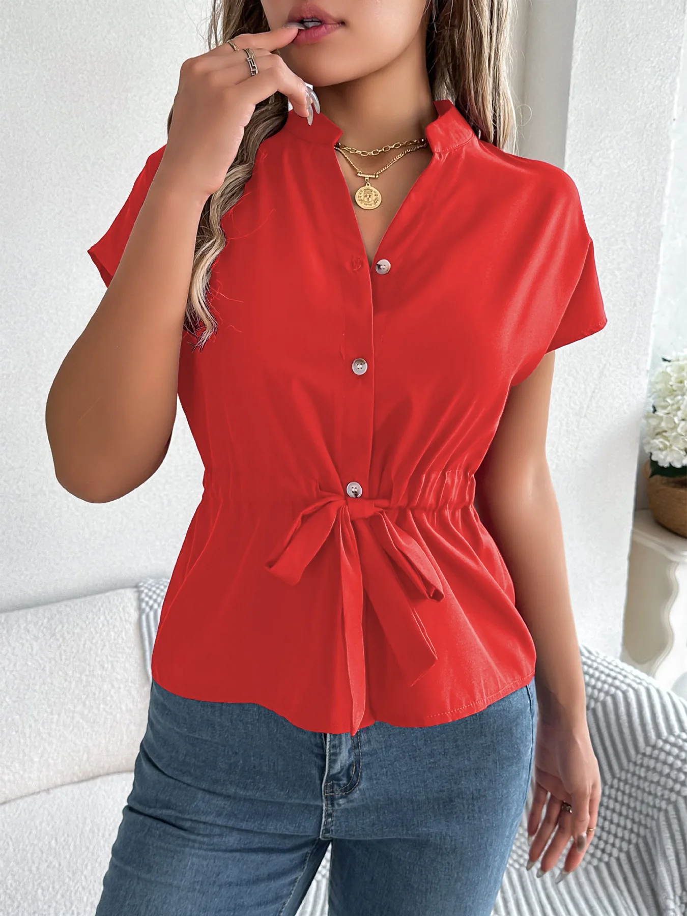 New Summer Women's Chiffon Shirt White Short-sleeved Button Cardigan High-waisted Slim Girl's Top Red Belt Blouses
New Summer Women's Chiffon Shirt White Short-sleeved Button Cardigan High-waisted Slim Girl's Top Red Belt Blouses