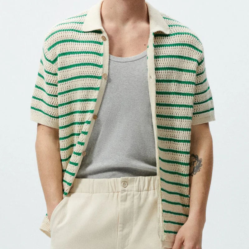 2024 Summer Casual Wear Mens Knitted Shirt Striped Jacquard Breathable Knit Tops For Men Fashion Button Turn-down Collar Shirts
2024 Summer Casual Wear Mens Knitted Shirt Striped Jacquard Breathable Knit Tops For Men Fashion Button Turn-down Collar Shirts