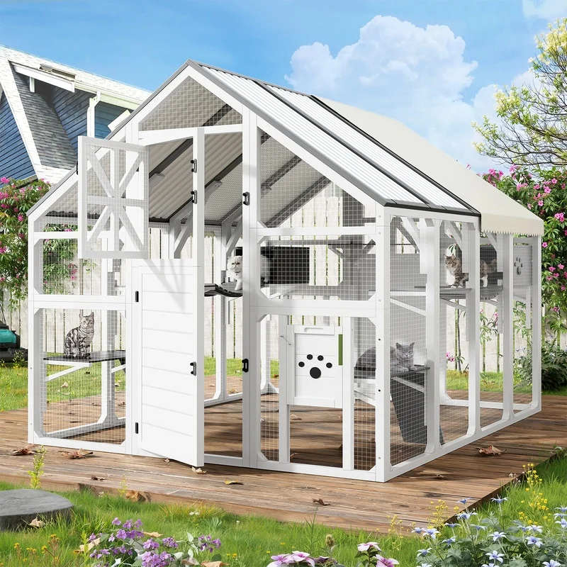 Walk-in Outdoor Cat Enclosure with Bridges, PVC Roof, Weatherproof Cover, 8 Platforms, 2 Resting Boxes, White and Grey
Walk-in Outdoor Cat Enclosure with Bridges, PVC Roof, Weatherproof Cover, 8 Platforms, 2 Resting Boxes, White and Grey