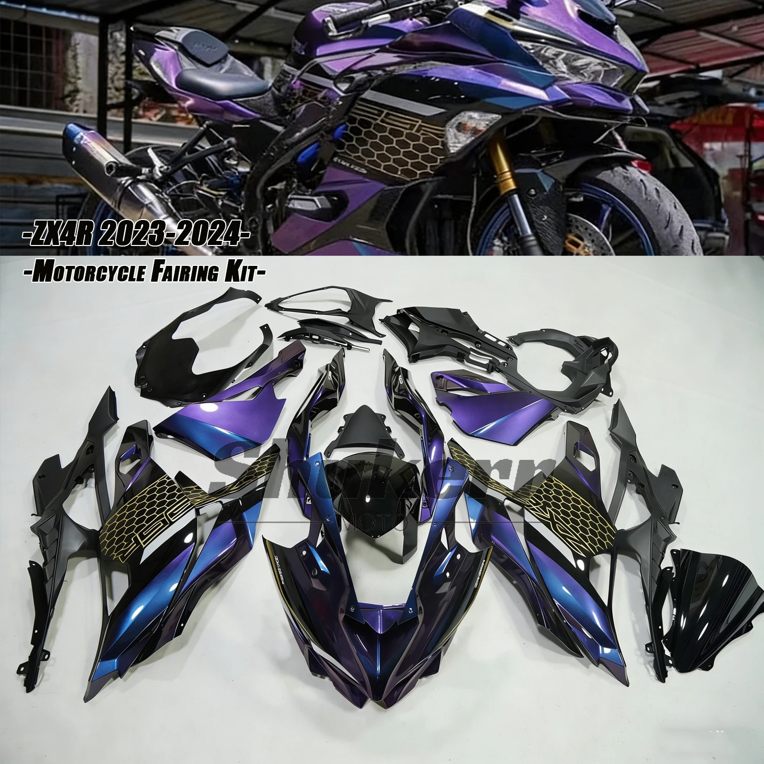 Chameleon Purple Blue Plastics Motorcycle Racing Motorcycle Fairings Kit Fit for Kawasaki Ninja Zx25R Zx4R Zx4Rr 2021-2024
Chameleon Purple Blue Plastics Motorcycle Racing Motorcycle Fairings Kit Fit for Kawasaki Ninja Zx25R Zx4R Zx4Rr 2021-2024