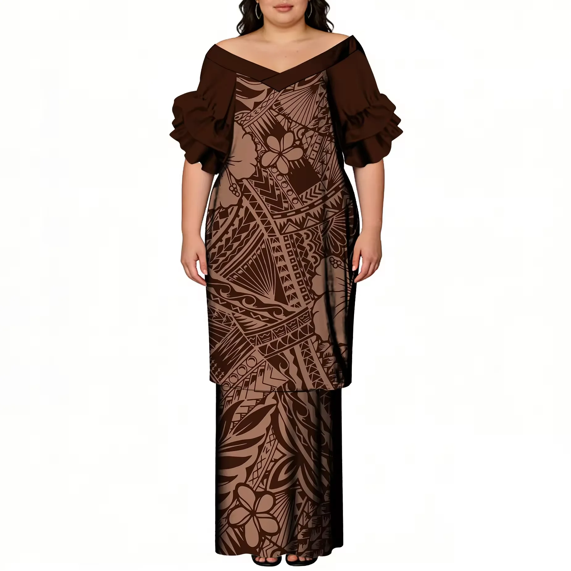 Women Custom Polynesian Tribal Print Puletasi Outfit Off Shoulder Ruffle Sleeve Samoan Traditional Two Piece Long Vacation Dress
Women Custom Polynesian Tribal Print Puletasi Outfit Off Shoulder Ruffle Sleeve Samoan Traditional Two Piece Long Vacation Dress