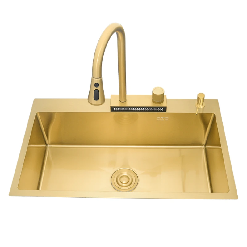 Luxury Golden Waterfall sink large single-slot handmade kitchen sink 304 stainless steel sink basin under the table
Luxury Golden Waterfall sink large single-slot handmade kitchen sink 304 stainless steel sink basin under the table