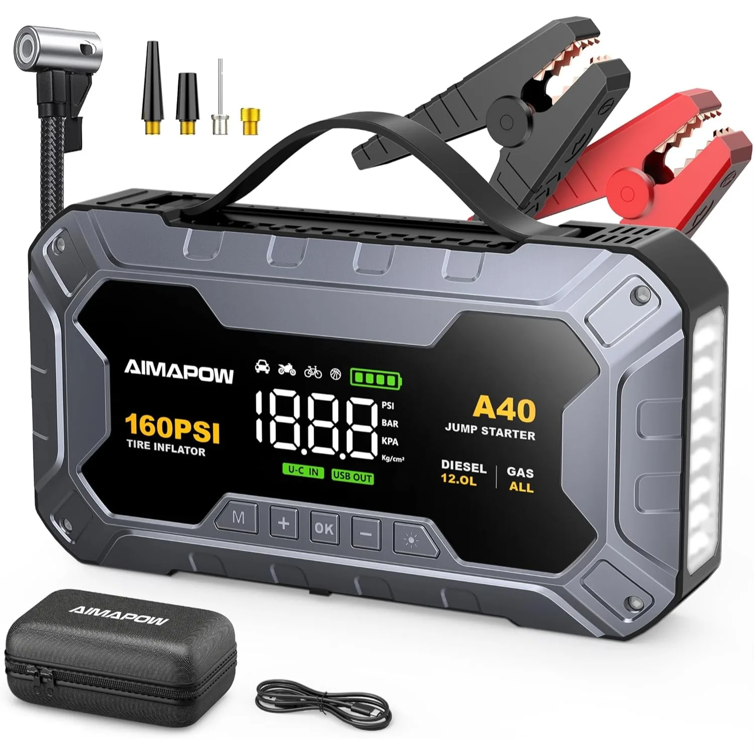 8000A Jump Starter with 160PSI Air Compressor, 12V Car Battery Power Bank for All Gas and 12L Diesel Vehicles, Force Start, LED
8000A Jump Starter with 160PSI Air Compressor, 12V Car Battery Power Bank for All Gas and 12L Diesel Vehicles, Force Start, LED