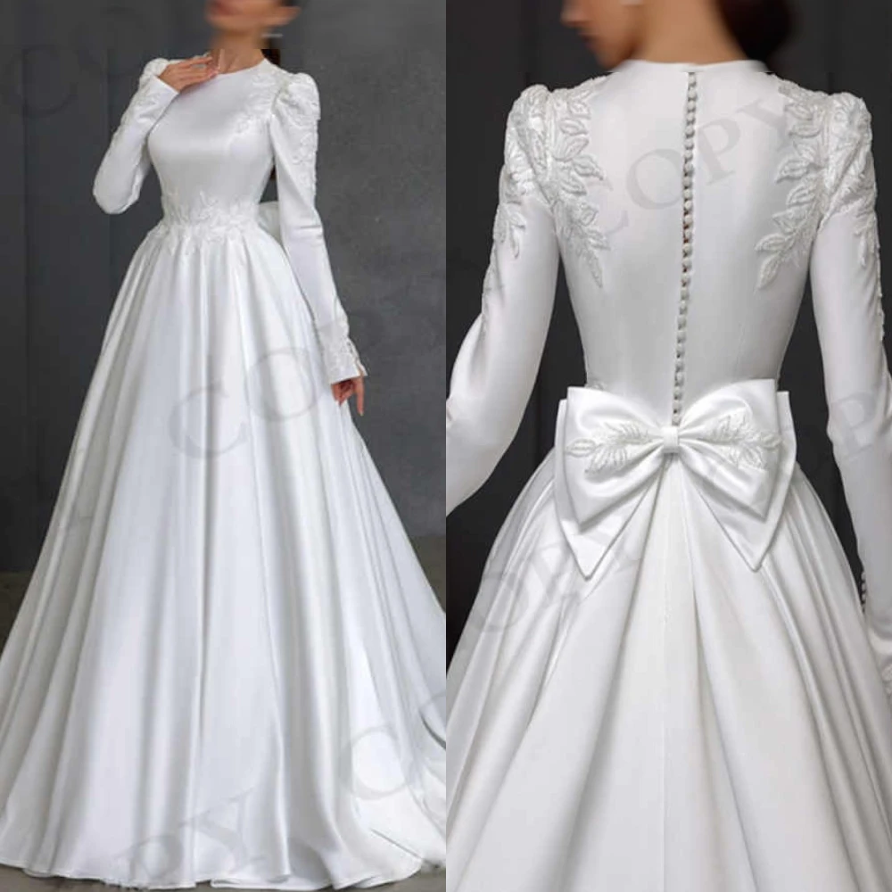 Customized Simple O-Neck A-Line Exquisite Appliques Luxury Satin High Quality Wedding Dress Modern Long Sleeves Bridal Gowns
Customized Simple O-Neck A-Line Exquisite Appliques Luxury Satin High Quality Wedding Dress Modern Long Sleeves Bridal Gowns