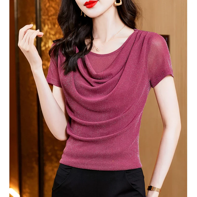 New Korean Fashion Women Tops Swing Collar Bright Silk Mesh Shirt Slim Short Sleeve Summer Casual T Shirt
New Korean Fashion Women Tops Swing Collar Bright Silk Mesh Shirt Slim Short Sleeve Summer Casual T Shirt