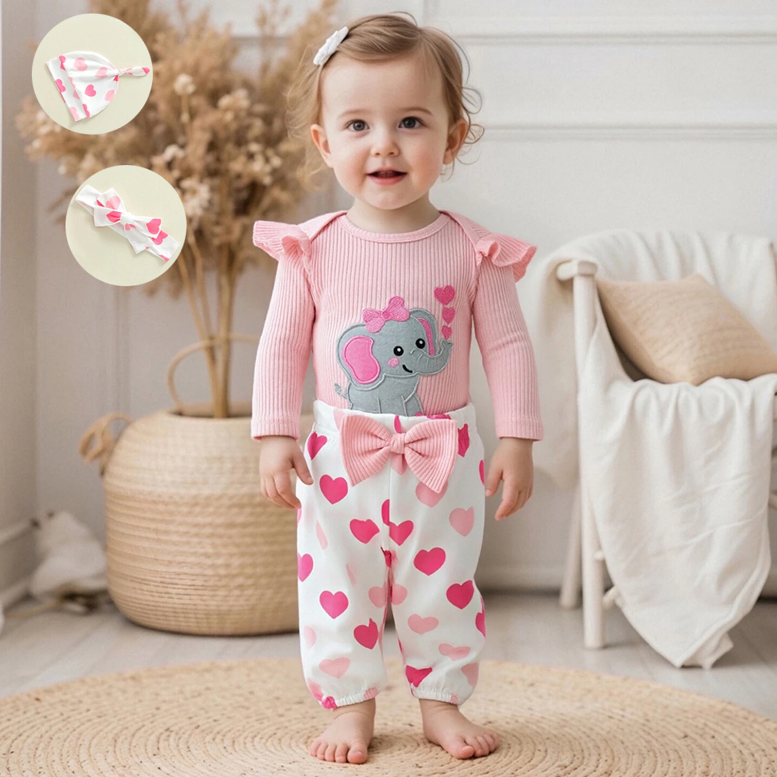 Blotona Baby Girl Spring Fall Outfits Elephant Embroidery Long Sleeve Romper with Heart Pattern Pants and Headband Hat 4Pcs Set
Blotona Baby Girl Spring Fall Outfits Elephant Embroidery Long Sleeve Romper with Heart Pattern Pants and Headband Hat 4Pcs Set