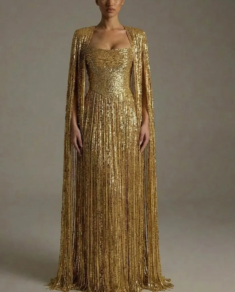 Ofherown Luxury Gold Sequin Evening Gown With Cape Strapless Long Formal Prom Dress For Women Red Carpet Party Customized
Ofherown Luxury Gold Sequin Evening Gown With Cape Strapless Long Formal Prom Dress For Women Red Carpet Party Customized