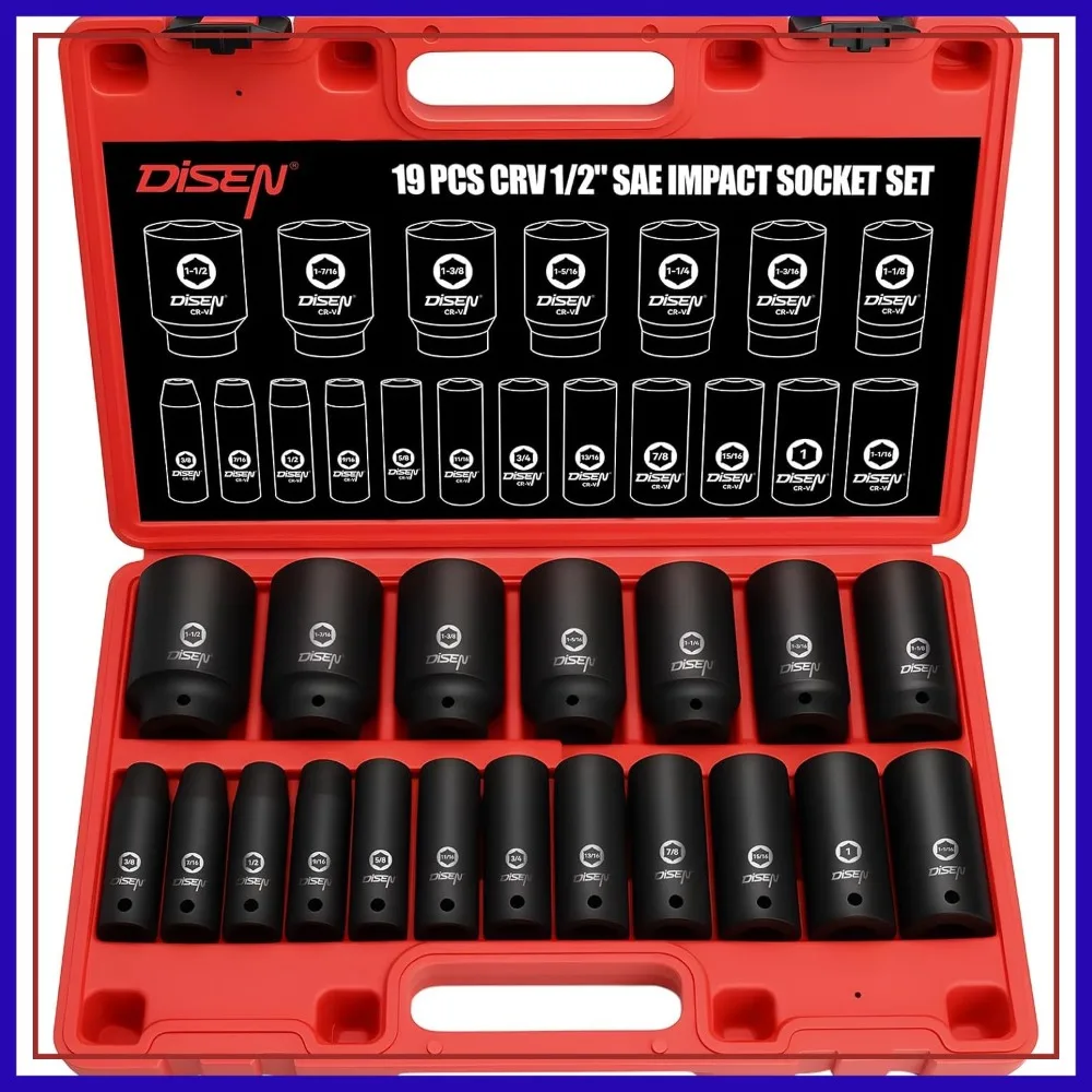 19 Pcs 1/2" Drive Deep Impact Socket Set, SAE 3/8"-1-1/2", 6-Point Cr-V & Alloy Steel, Storage Case
19 Pcs 1/2" Drive Deep Impact Socket Set, SAE 3/8"-1-1/2", 6-Point Cr-V & Alloy Steel, Storage Case