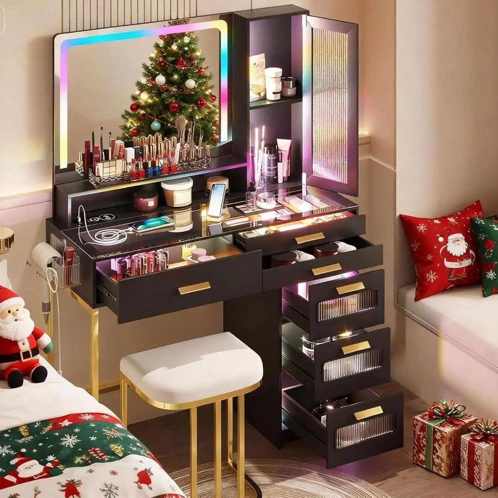 Black Glass Top Makeup Vanity Set with RGB Lighting, Mirror, Drawers, and Wireless Charging
Black Glass Top Makeup Vanity Set with RGB Lighting, Mirror, Drawers, and Wireless Charging