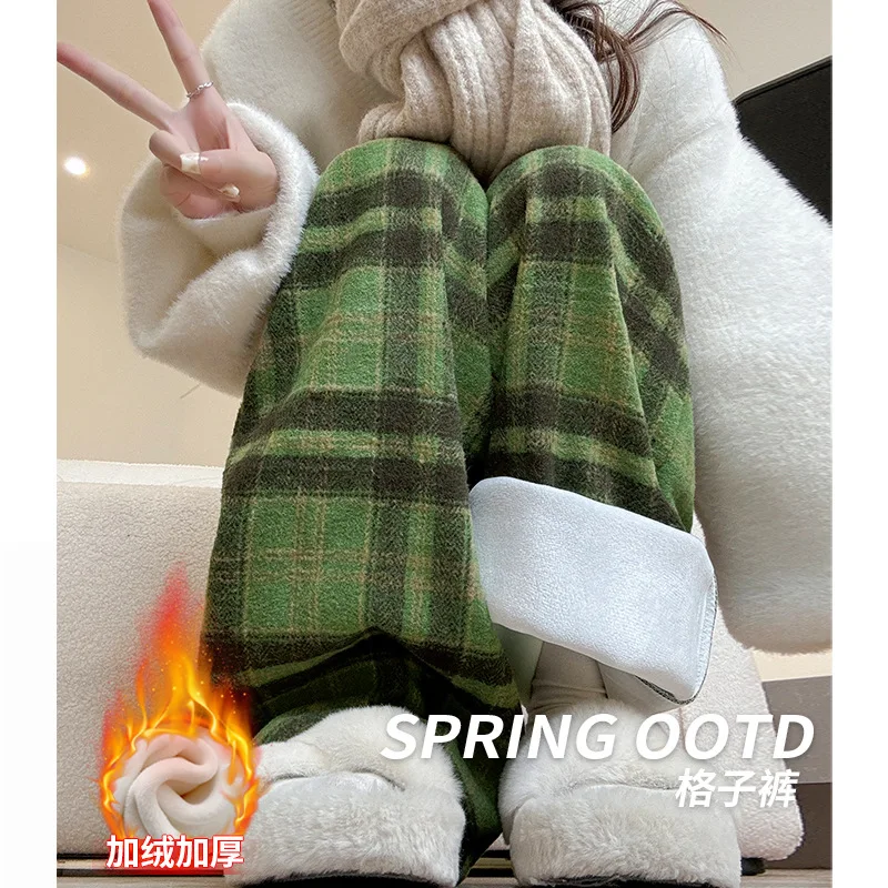 Зеленые шерстяные брюки в клетку для женщин, осенние и зимние брюки на флисовой подкладке, с высокой талией, ленивые прямые брюки, повседневные брюки в стиле ретро
Зеленые шерстяные брюки в клетку для женщин, осенние и зимние брюки на флисовой подкладке, с высокой талией, ленивые прямые брюки, повседневные брюки в стиле ретро