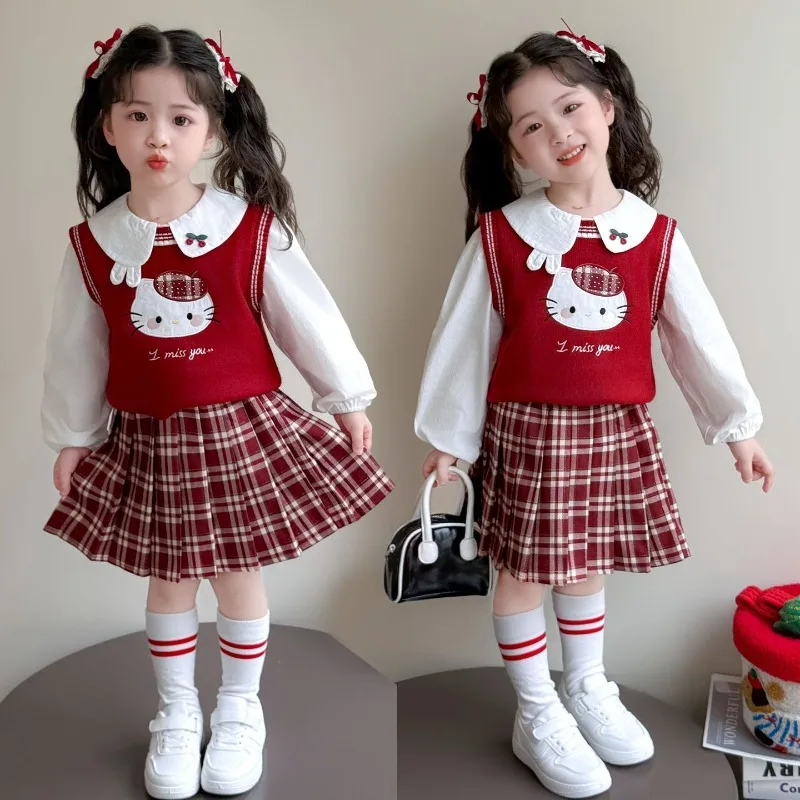 Kawaii Hello Kitty Sanrio Student Cute Cartoon Comfortable Knit Vest Children Skirt Shirt Three Piece Set Gifts for Kids 
Kawaii Hello Kitty Sanrio Student Cute Cartoon Comfortable Knit Vest Children Skirt Shirt Three Piece Set Gifts for Kids