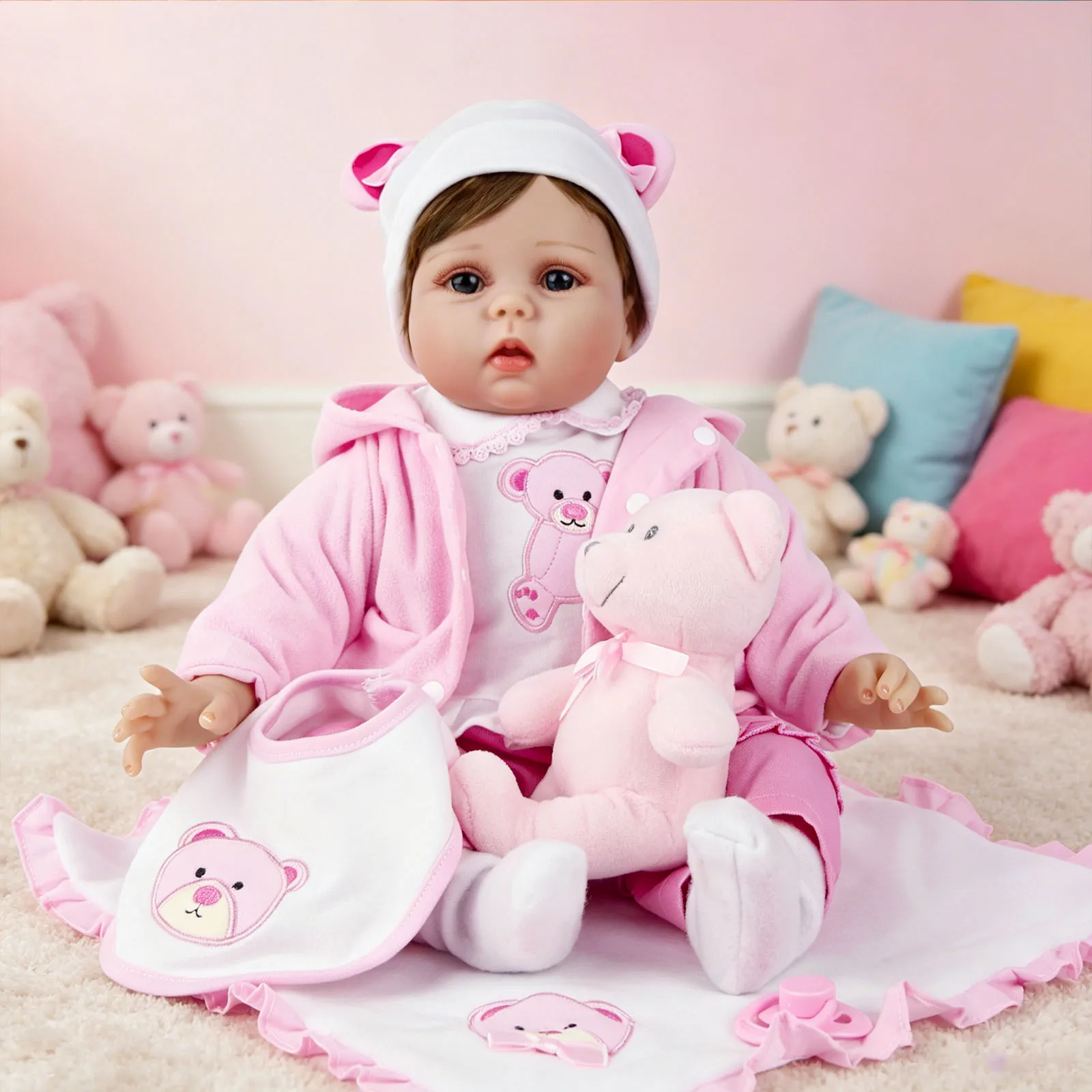 22 Inch Reborn Baby Doll Girl - Realistic Lifelike Toddler Doll with Pink Bear Outfit, Matching Hat, Plush Teddy Bear & Bib, Soft Cloth Body, Handmade Reborn Doll for Kids Age 3+, Birthday Gift
22 Inch Reborn Baby Doll Girl - Realistic Lifelike Toddler Doll with Pink Bear Outfit, Matching Hat, Plush Teddy Bear & Bib, Soft Cloth Body, Handmade Reborn Doll for Kids Age 3+, Birthday Gift