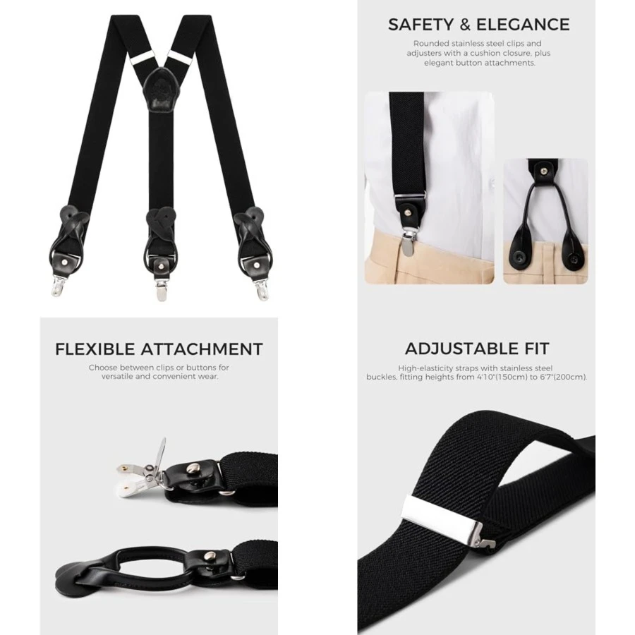 Suspenders for Men with Clip & 6 Buttons 1.4in Y-Shape Stainless Steel,Black + Black
Suspenders for Men with Clip & 6 Buttons 1.4in Y-Shape Stainless Steel,Black + Black